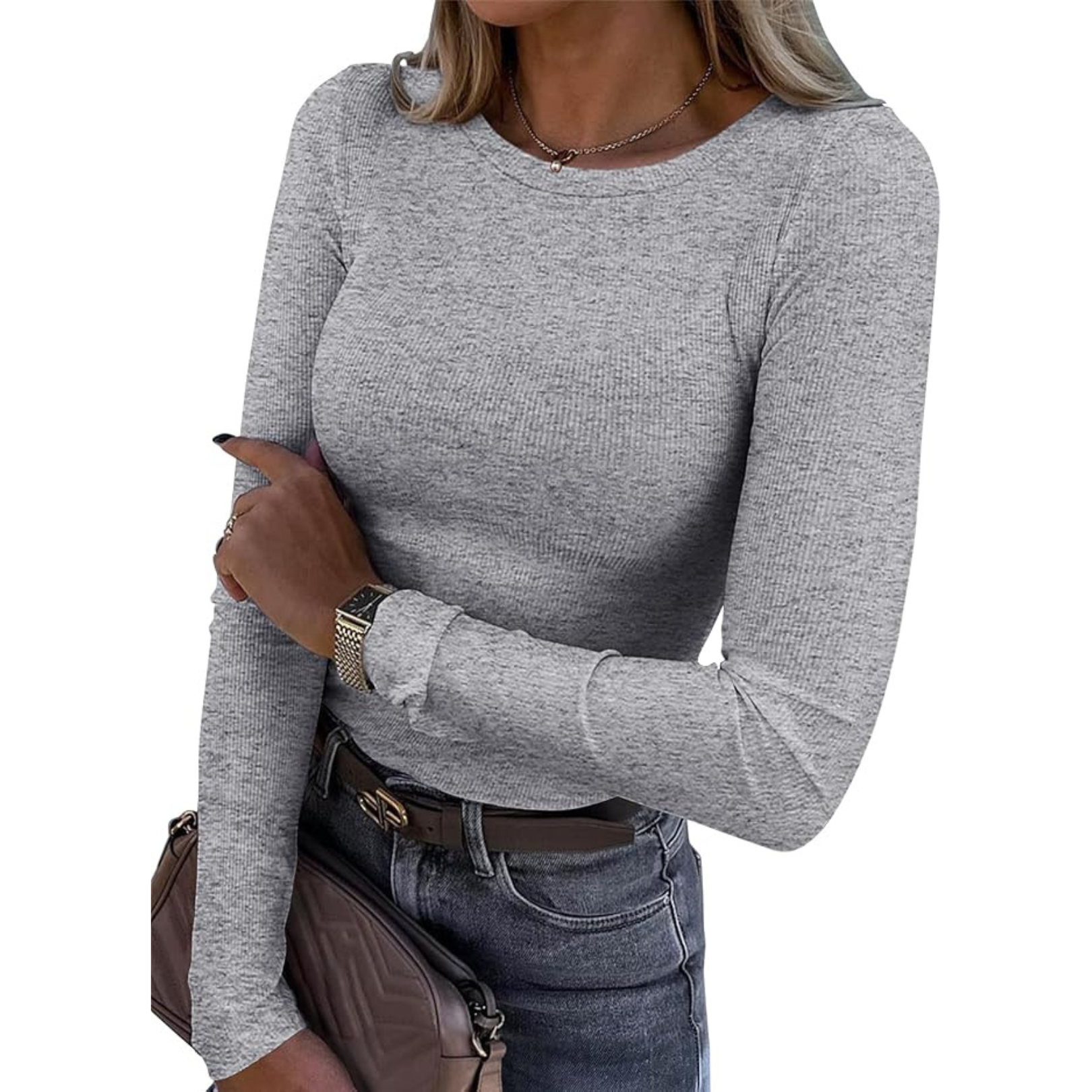 Long Sleeve Stretch Crewneck Ribbed T-Shirt