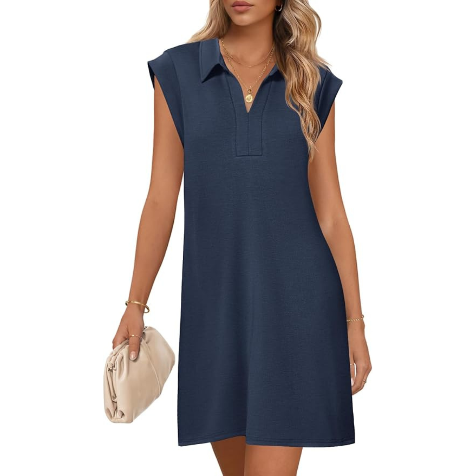 MEROKEETY Women's 2025 Summer Short Sleeve Mini Dress Casual Collared V Neck Loose T Shirt Dresses