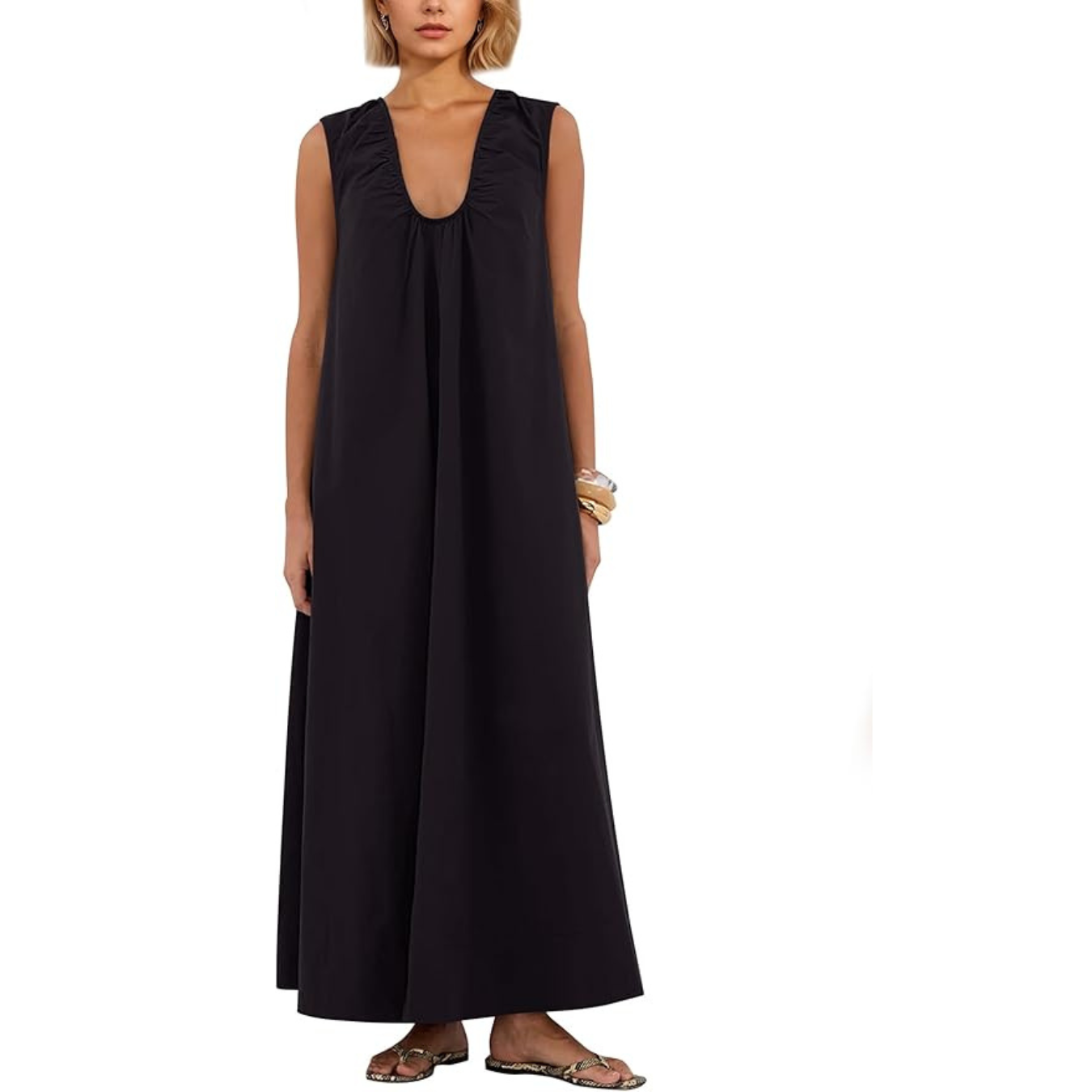 Majdan Womens Maxi Dress Cotton Scoop Neck Ruched Oversized Long Dress Sleeveless Beach Sundress with Pockets