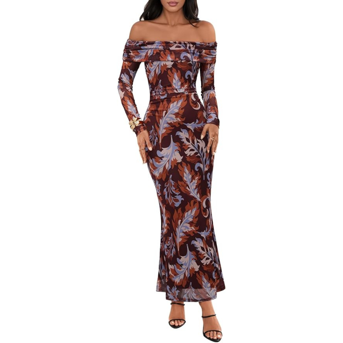 MEROKEETY Women's Fall Off Shoulder Floral Maxi Dresses Formal Long Sleeve Bodycon Cocktail Wedding Guest Dress