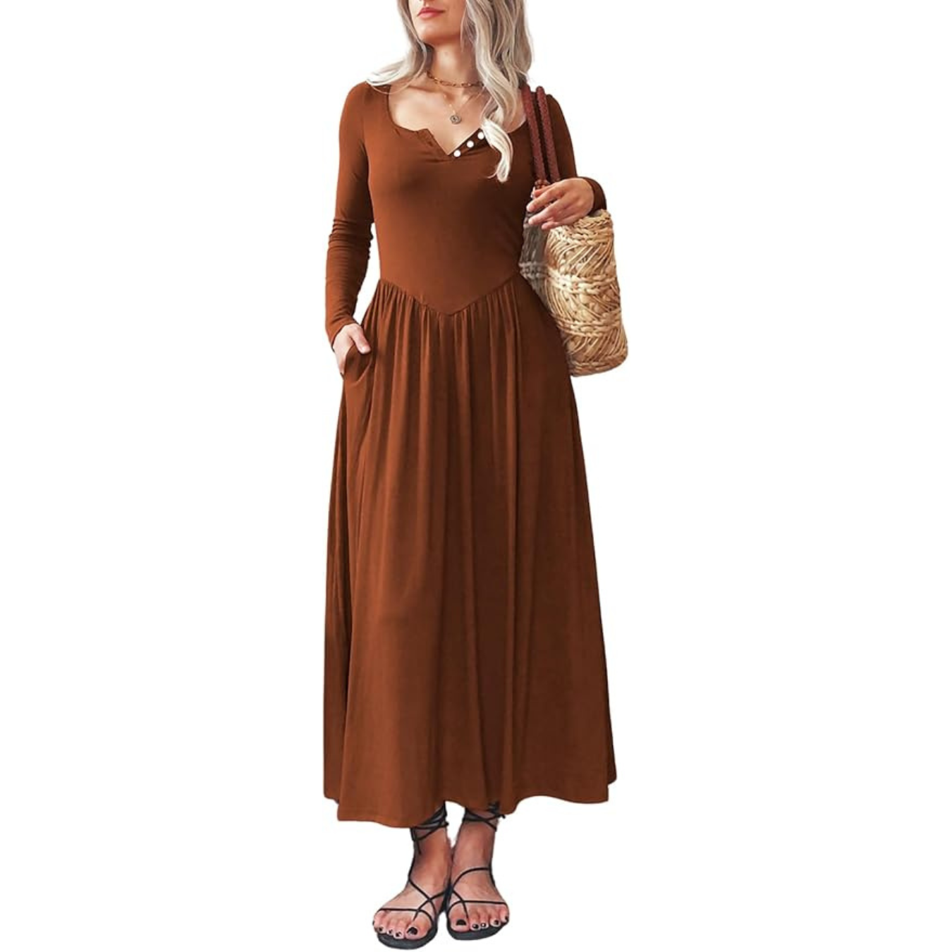 Long Sleeves Maxi Dress for Women A Line 2025 V Neck Casual Button Boho Tshirt Long Dress with Pockets