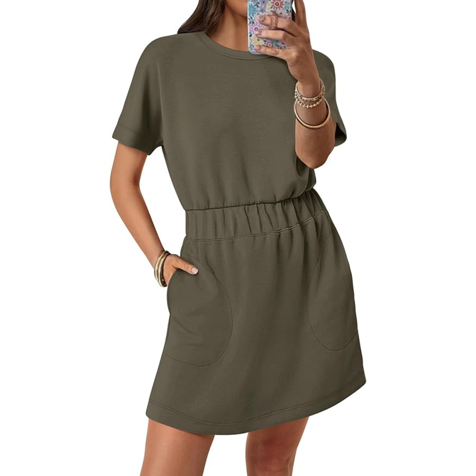 ANRABESS Womens Dresses 2025 Summer Casual Short Sleeve Crew Neck Elastic Waist Mini T Shirt Dress with Pockets