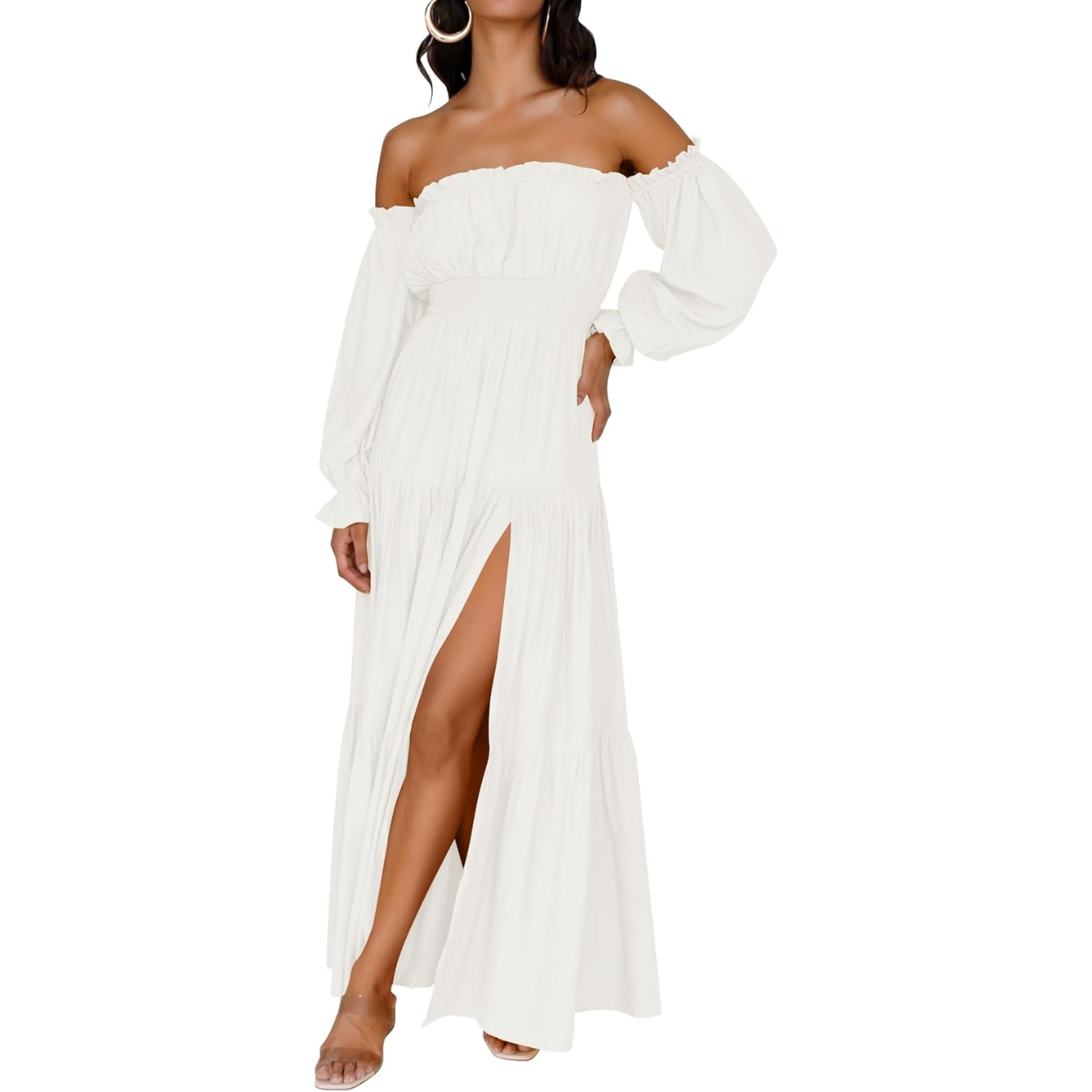 ZESICA Women's 2025 Boho Sexy Off Shoulder Long Sleeve Smocked High Waist Side Split Flowy A Line Tiered Long Maxi Dress