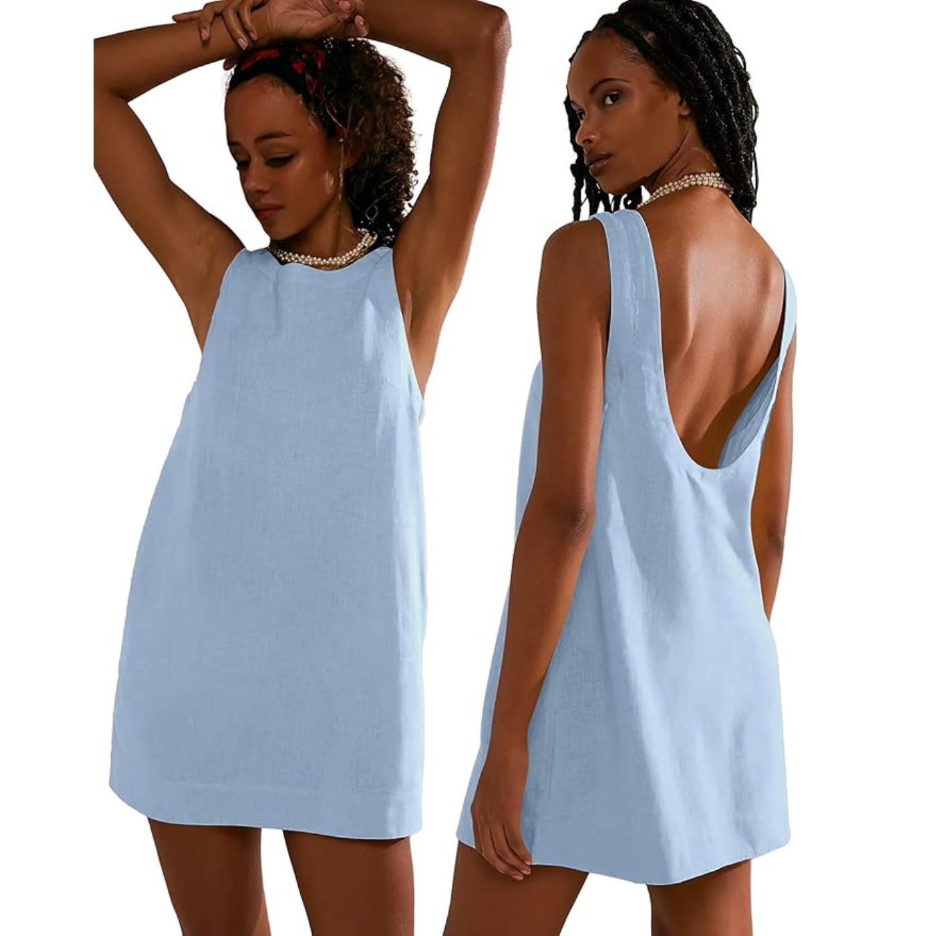 VIUTIL Womens Summer Linen Mini Dress Boat Neck Low Back Sleeveless Tank Dresses with Pockets 2025 Vacation Outfits