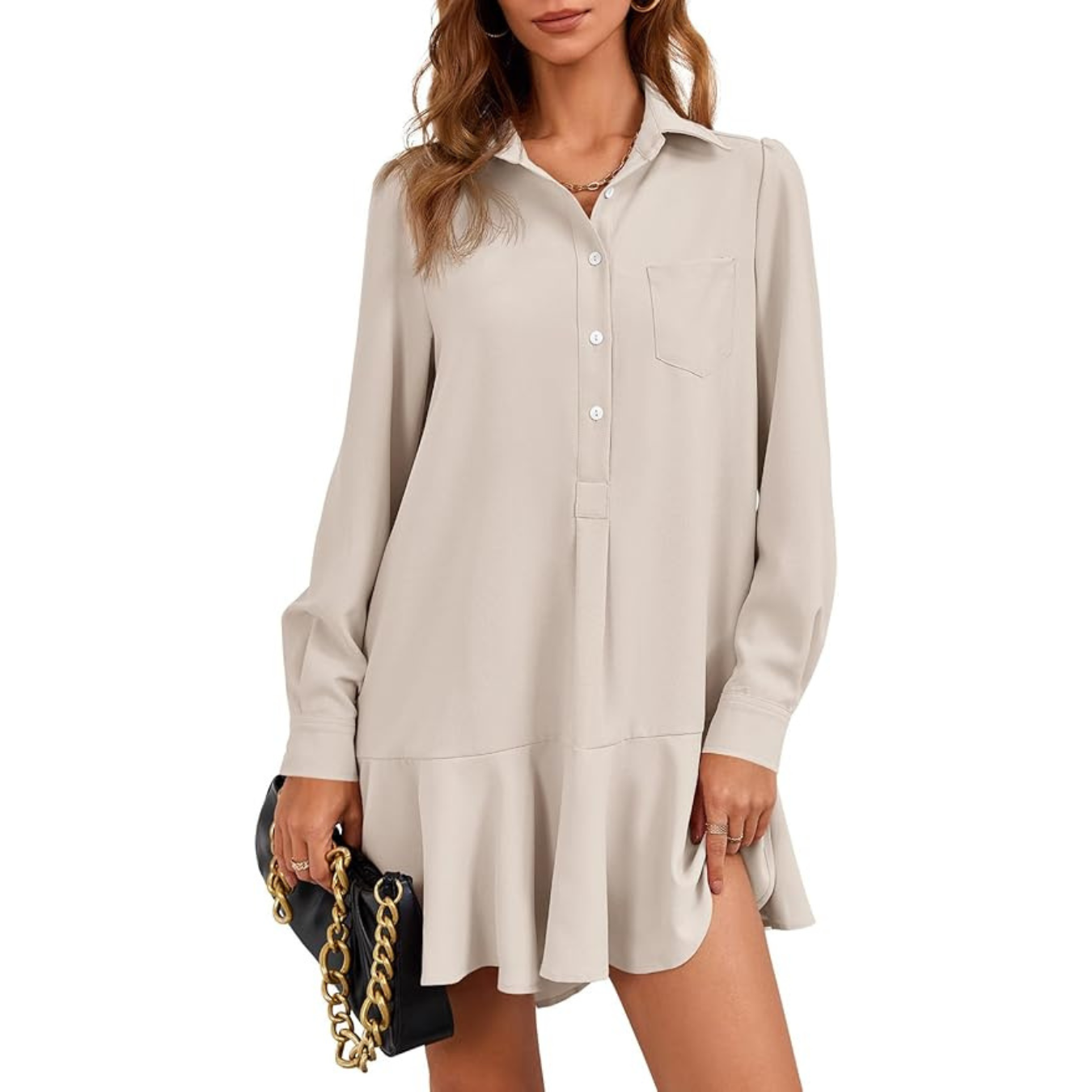 Fisoew Womens Casual Button Down Shirt Dress Long Sleeve Collared Pleated Swing Mini Dresses