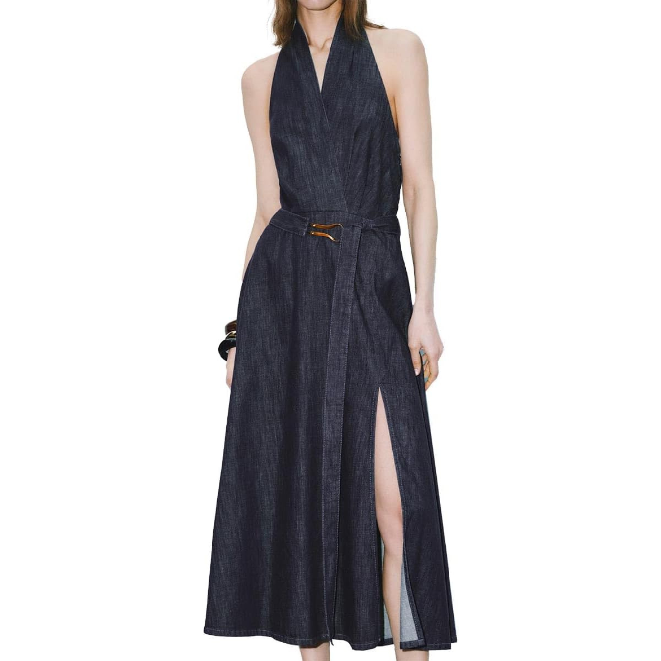 Women's Summer Denim Dress Halter Neck Backless Midi A-Line Dresses with Adjustable Waist Tie
