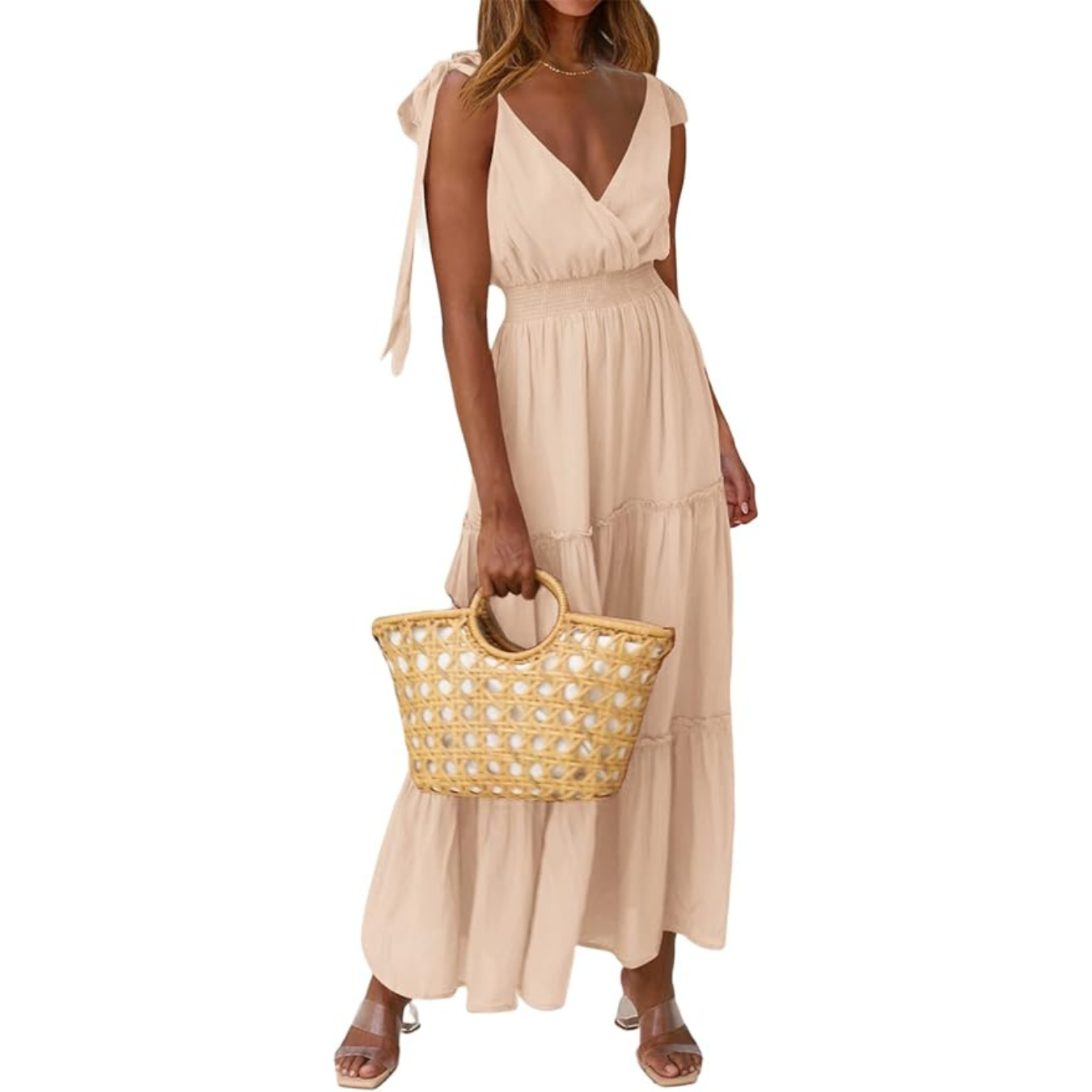 PRETTYGARDEN Women's Cross Neck Summer Sleeveless Tiered Maxi Dress Beach Tie Strap Smocked Long Dresses Pleated Sundress