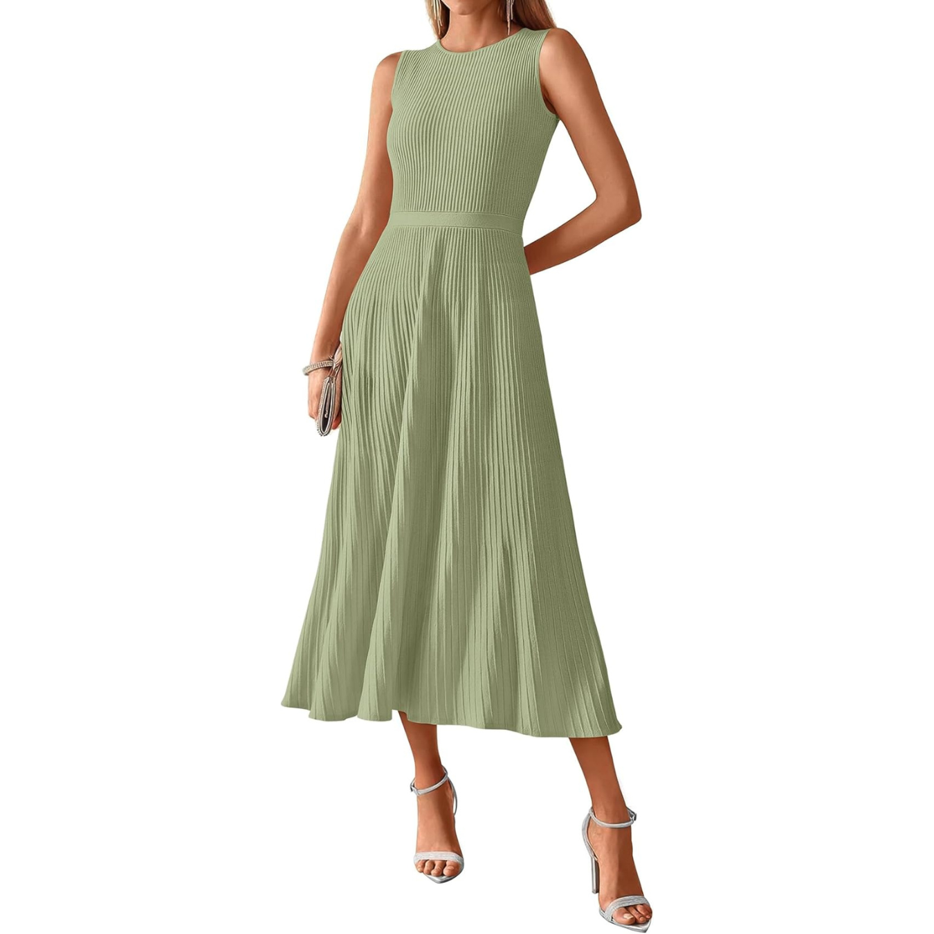 BTFBM Women Midi Bodycon Tank Dress Summer Crewneck Sleeveless Pleated A Line Business Casual Knit Sweater Fall Dresses