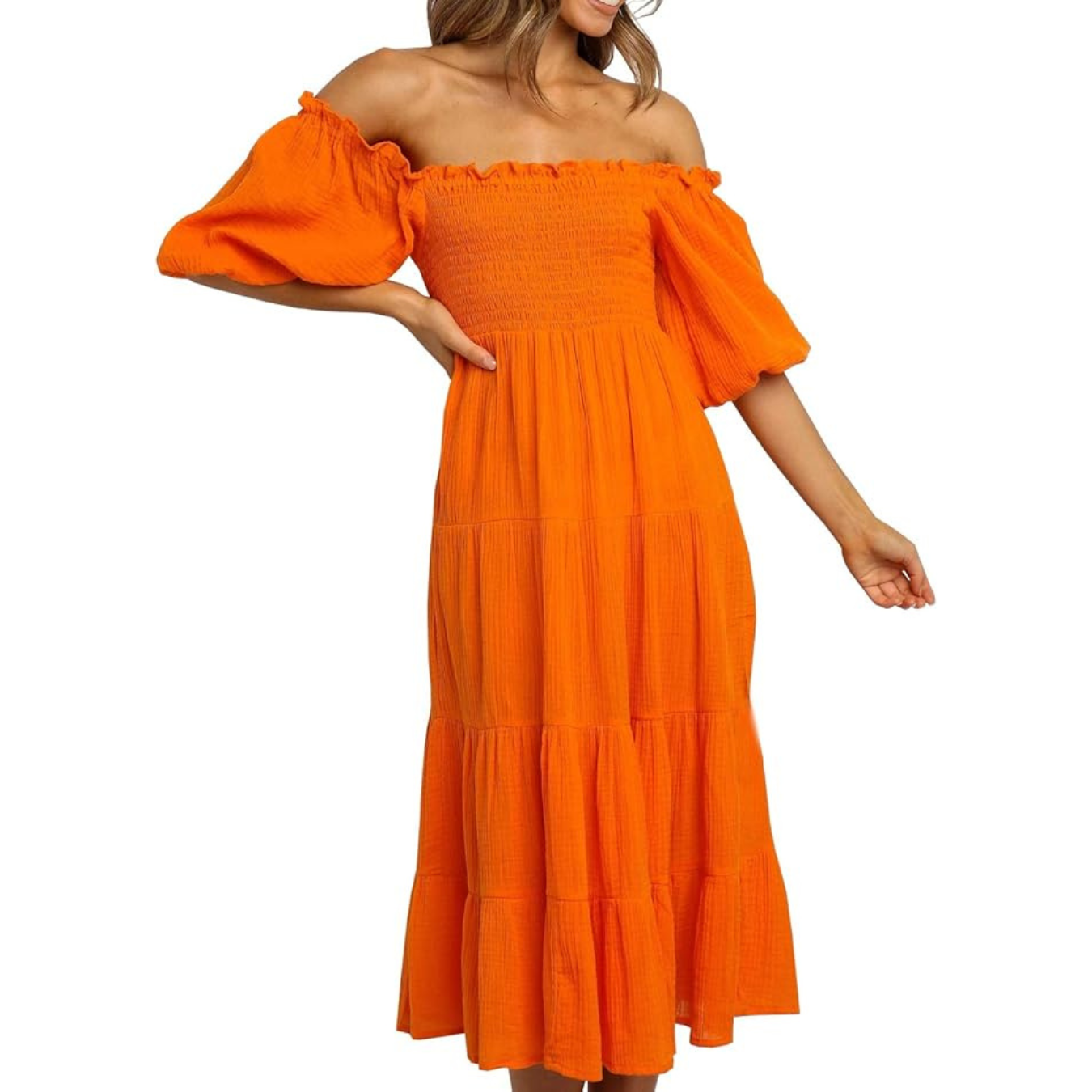 R.Vivimos Women's Summer Cotton Lantern Sleeves Ruffled Off Shoulder A-Line Midi Dresses
