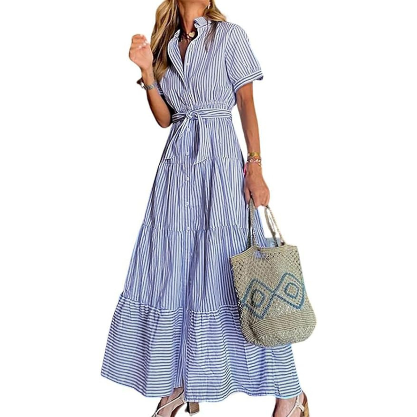 utcoco Womens Casual Short Sleeve Button Down Tie Waist Ruffled Striped Maxi Shirt Dress