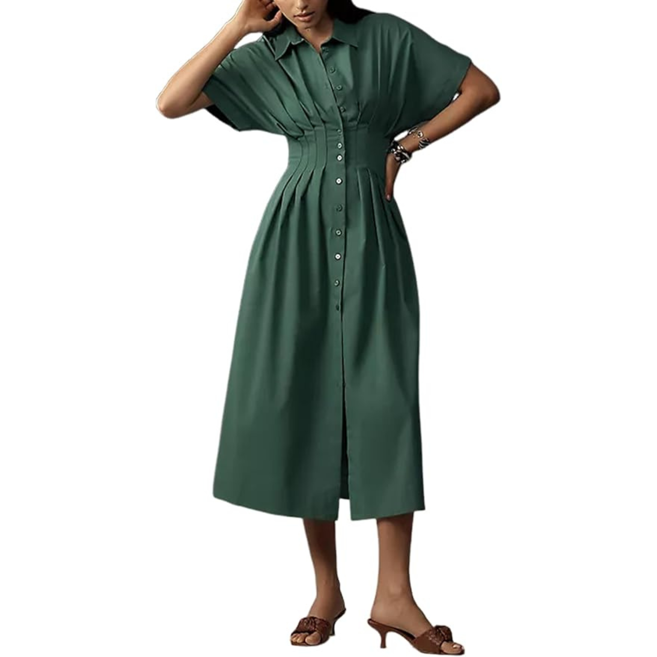 Yeokou Shirt Dress for Women Summer Casual Short Sleeve Button Down Loose Pleated Maxi Sundress with Pockets