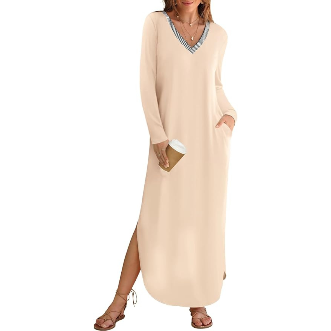 MEROKEETY Women's 2025 Fall Long Sleeve Maxi Dress V Neck Trendy Split Loose Casual Pockets Dresses