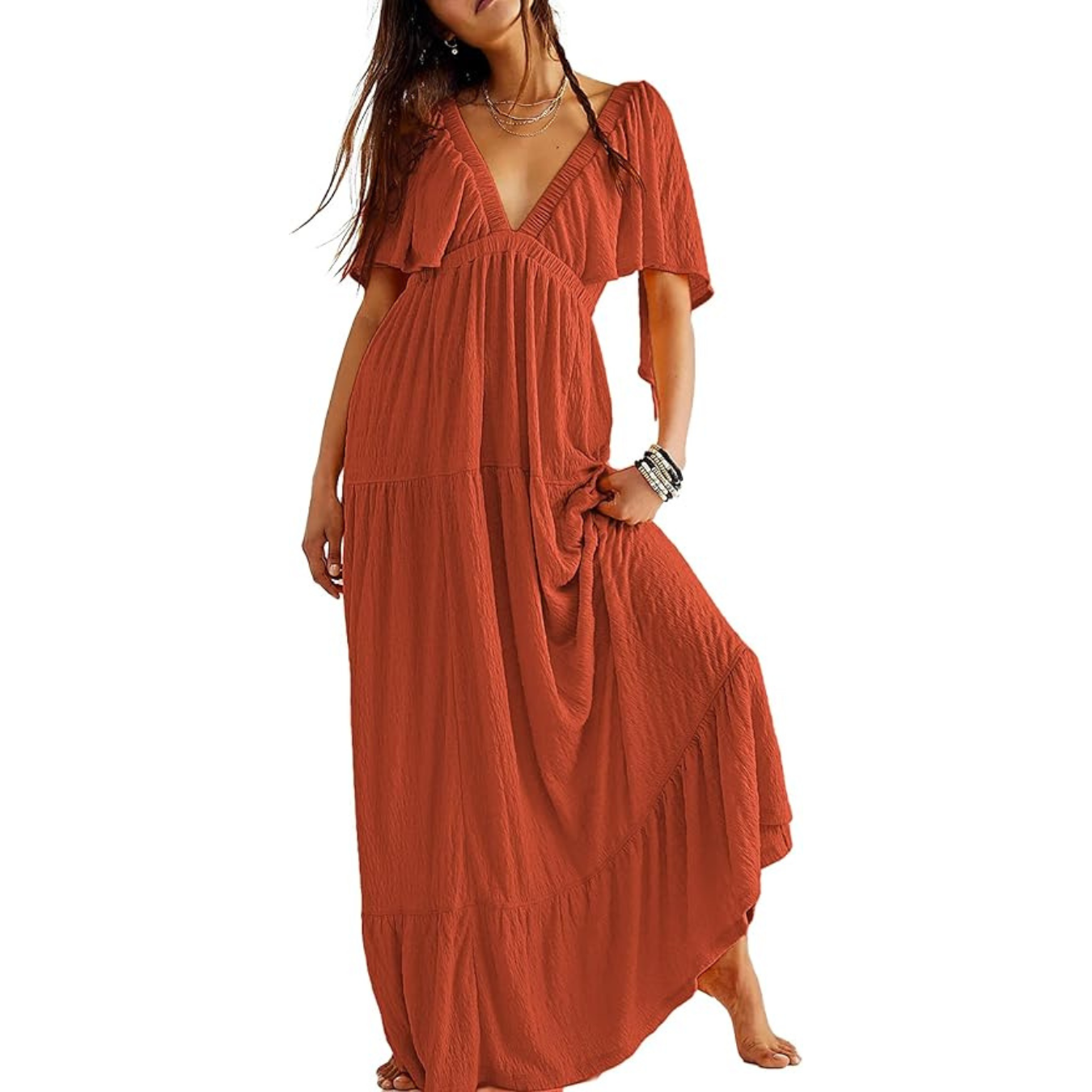 Kikibell Women Summer Dresses Sexy V-Neck Maxi Dress Tiered Silhouette with Flutter Sleeve Backless Elastic Waist Flowy Dress