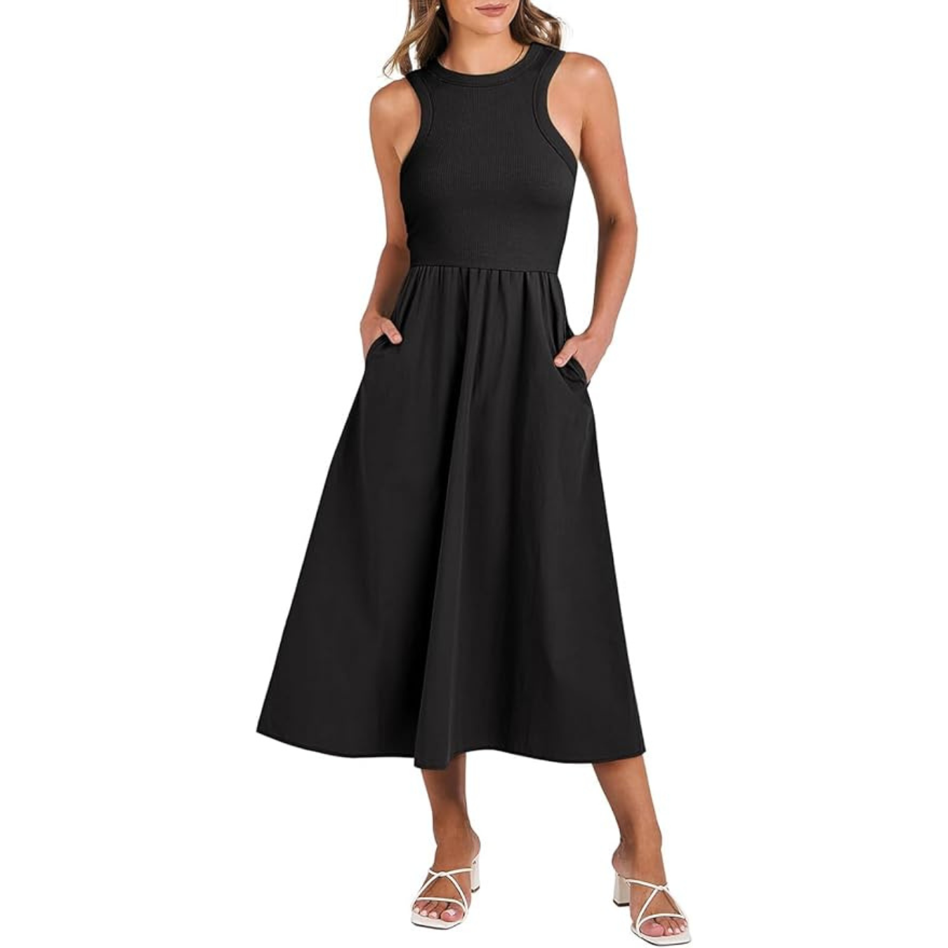 Women's Summer Casual Sleeveless Midi Sundress Patchwork Knit High Neck Tank Top Racerback Flowy Dresses Pockets