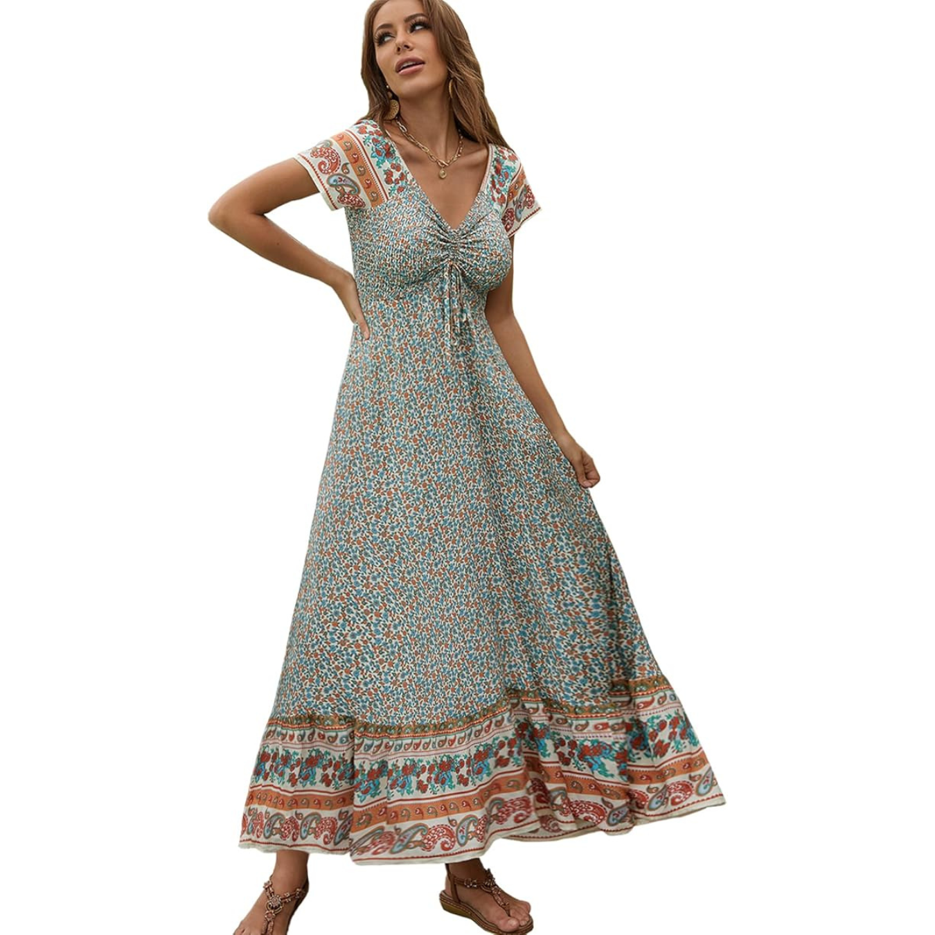 Women's Summer Floral Maxi Dress Casual Short Sleeve Flowy Boho Beach Party Long Dress