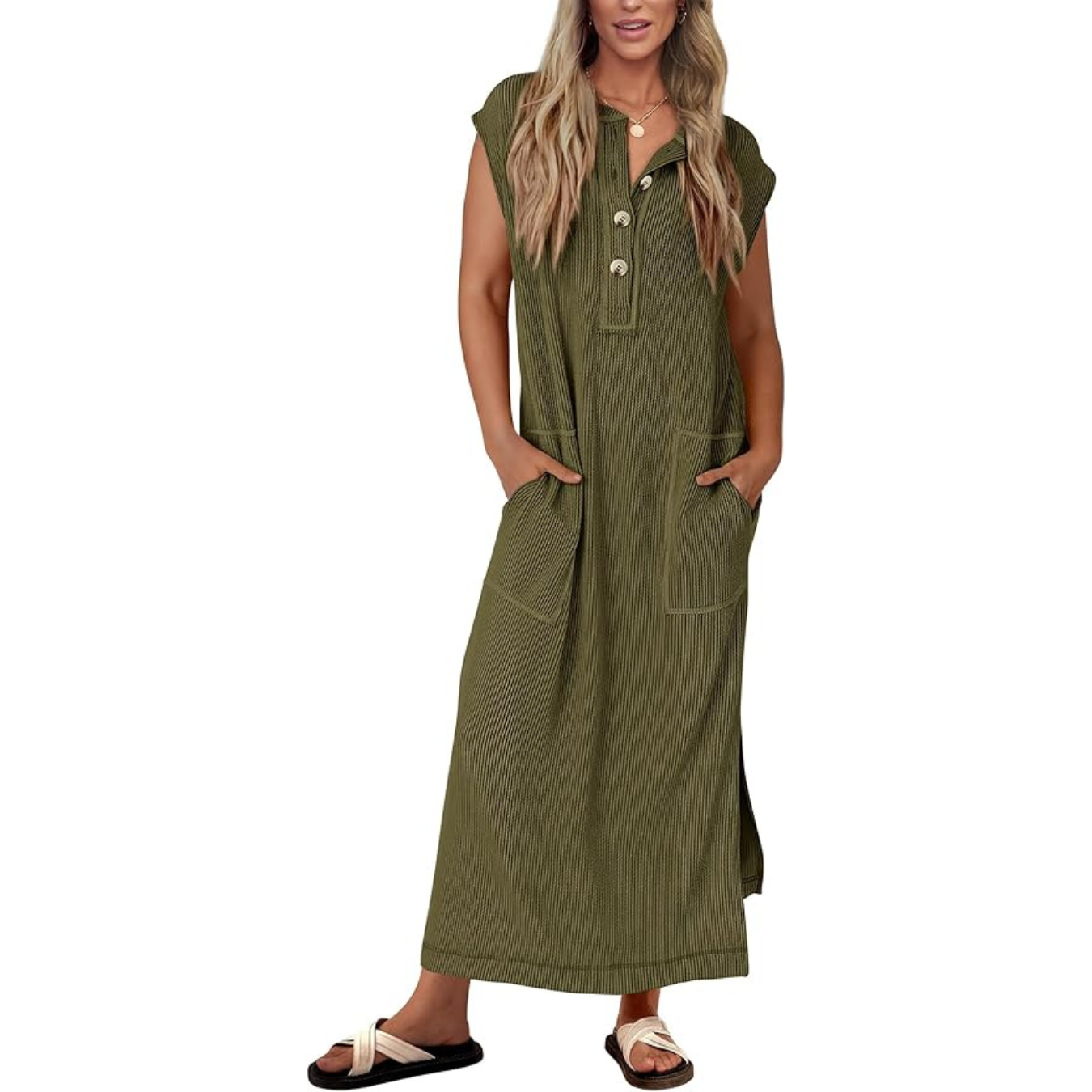 KIRUNDO Womens Summer Dresses Ribbed Knit Henley Short Sleeve Maxi Dress Button Up Loose Slit Beach Vacation Sundress