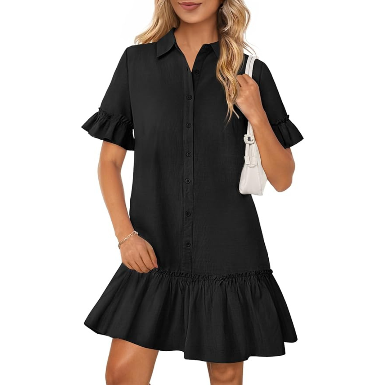 MEROKEETY Women's Summer Button Down Shirt Dress Casual Ruffle Sleeve Shift Mini Dresses with Pockets