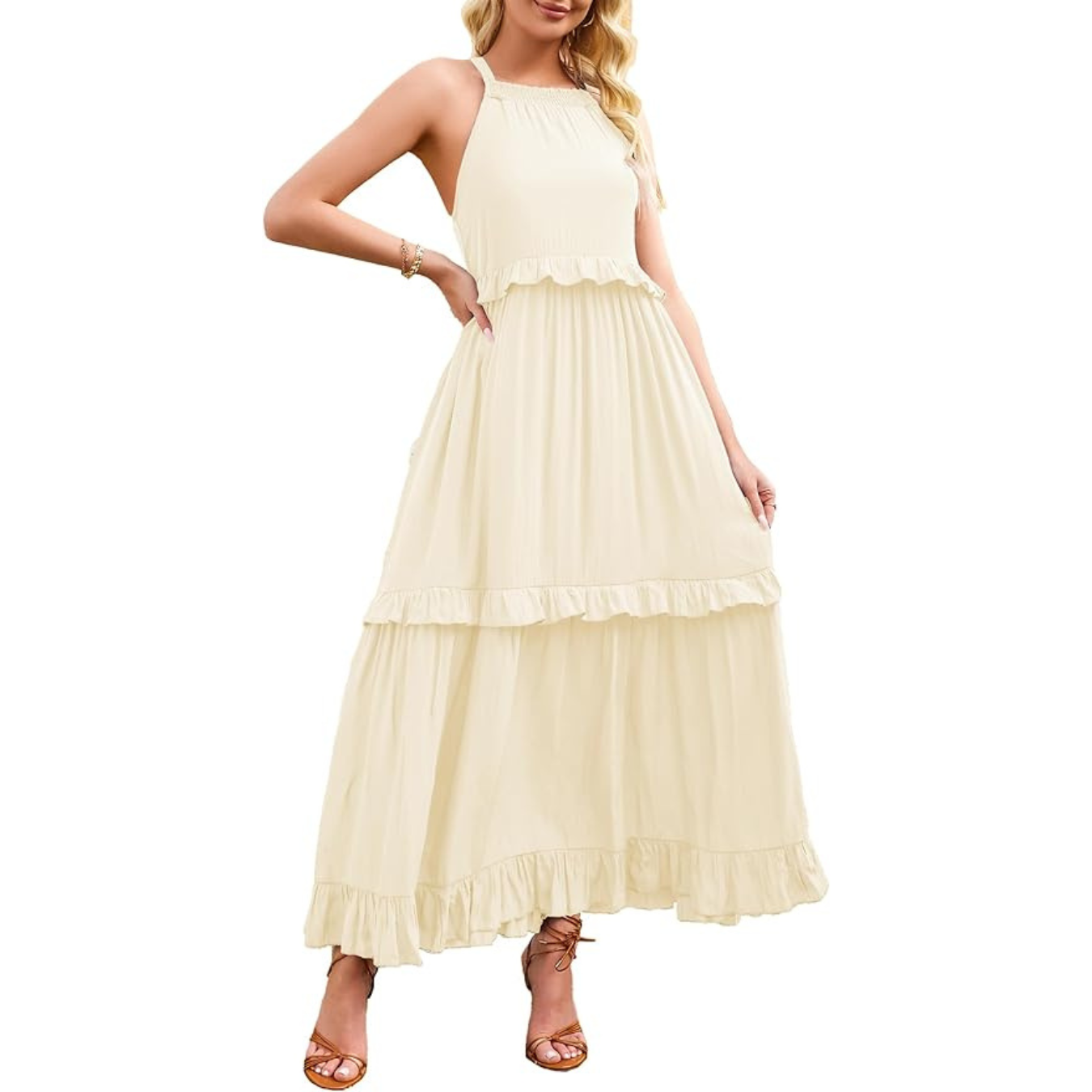 SDEER Women's Halter Sundress Sleeveless A Line Tiered Flowy Swing Beach Tank Midi Dresses