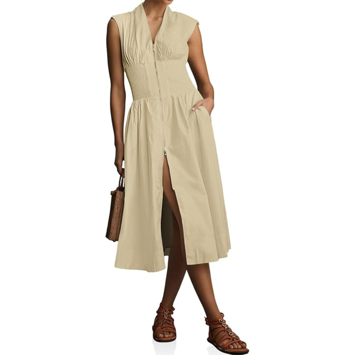 Wenrine Womens Summer Smocked Midi Dress Casual Zipper V Neck Cap Sleeve High Slit Flowy Long Dresses