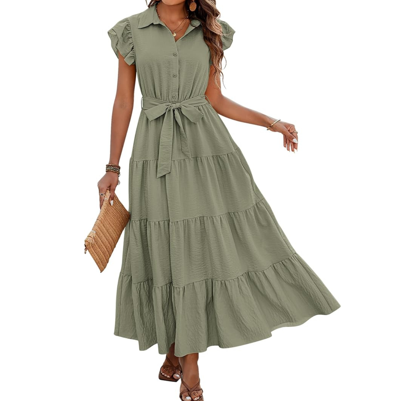 dowerme Women's Summer Casual Dresses 2025 Cap Ruffle Sleeve V Neck Button Belted Tiered Boho Maxi Dress with Pockets
