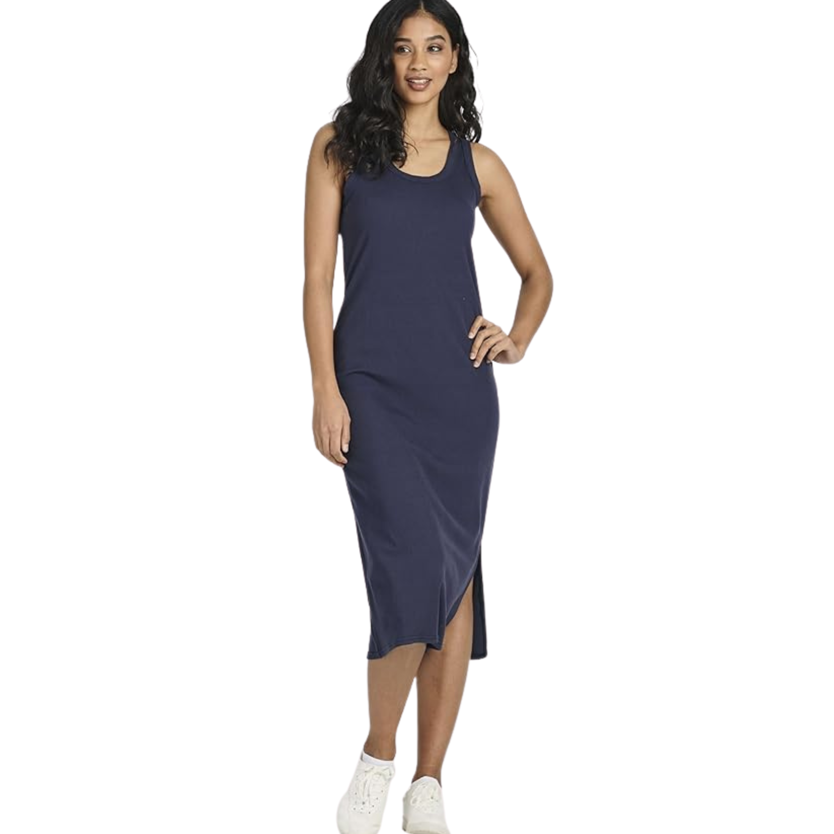 Women's Ribbed Knit Sleeveless Crew Neck Tank Casual Midi Shift Dress with Slit